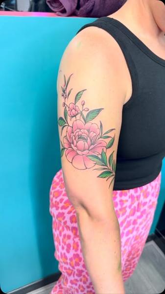Color floral peony tattoo by @jl.tattooart