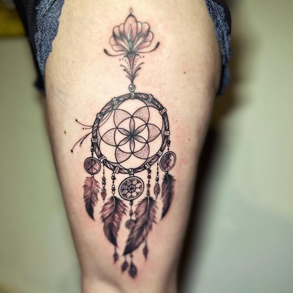 Dotwork floral dreamcatcher tattoo by @j_c_tattoos