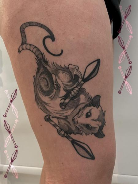 Illustrative possum with paddles tattoo by @kalli_k_