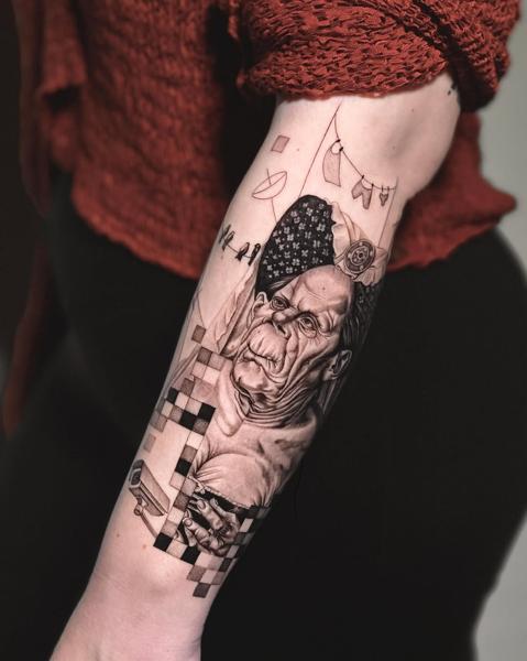 Realism frankenstein portrait tattoo by @kallia_tatts