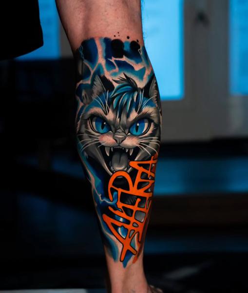 New School angry cat tattoo by @kalu_ink