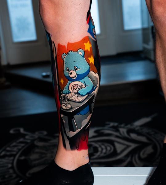 New School cartoon bear tattoo by @kalu_ink