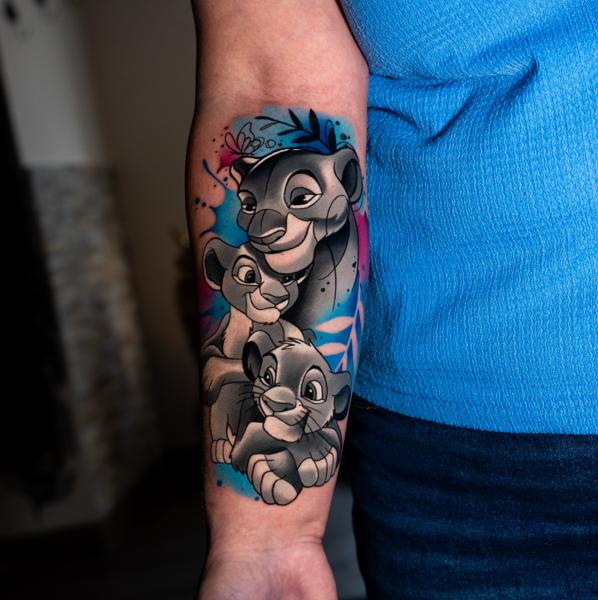 Illustrative lion characters tattoo by @kalu_ink