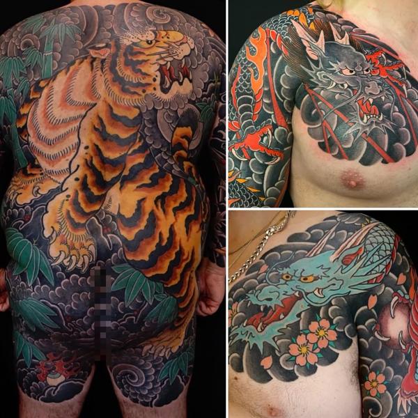 Japanese traditional japanese tiger dragon tattoo by @kanae_tattooer