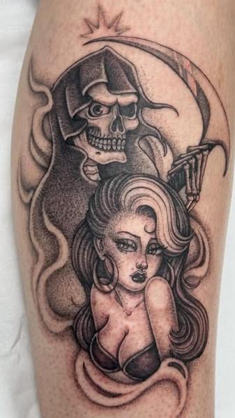 Blackwork grim reaper woman tattoo by @katcorneytattoo