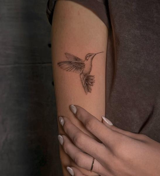 Fine line hummingbird tattoo by @kat_blink_tattoo