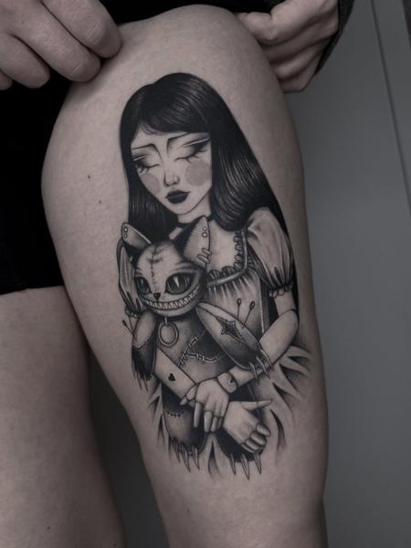 Dark illustrative gothic girl cat tattoo by @achlys.ttt
