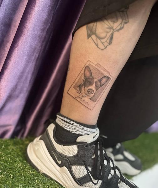 Realism dog portrait tattoo by @katia.iink
