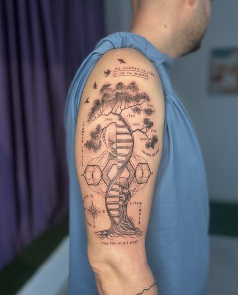 Fine line dna tree tattoo by @katia.iink
