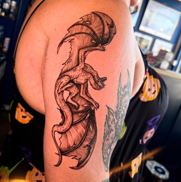 Dotwork dragon tattoo by @katwhysalltattoos