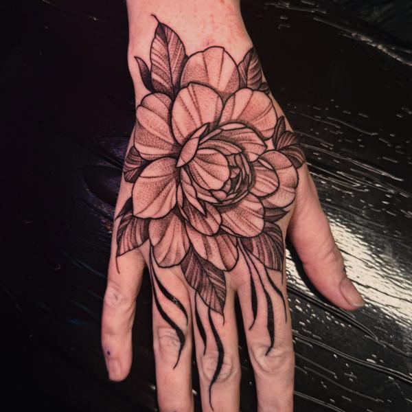 Dotwork floral design tattoo by @katwhysalltattoos