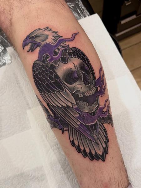 Neo-traditional flaming eagle skull tattoo by @katysars