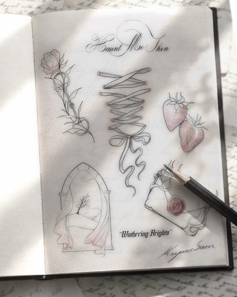 Fine line romantic gothic elements tattoo by @kaymieseven