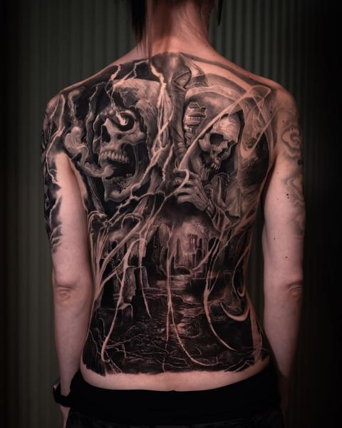Realism grim reaper tattoo by @kazin_tattooer