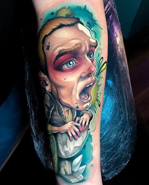 New school cartoonish character tattoo by @kellydotylovessoup