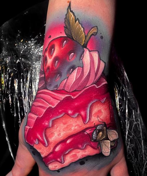 Realism strawberry cake tattoo by @kellydotylovessoup
