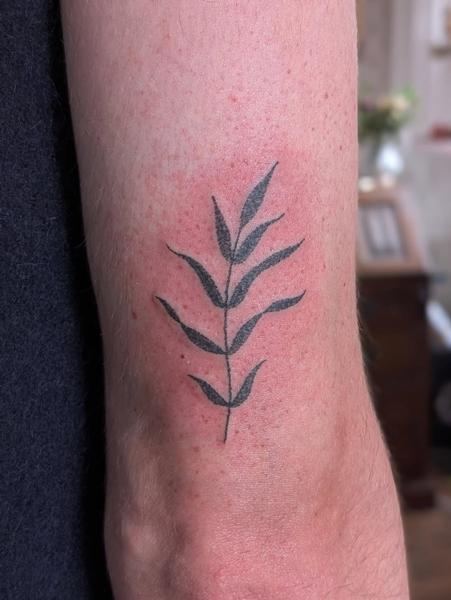 Fine line leaf branch tattoo by @kellyneedles