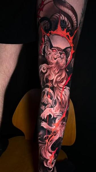Illustrative demonic cat tattoo by @kennipoke