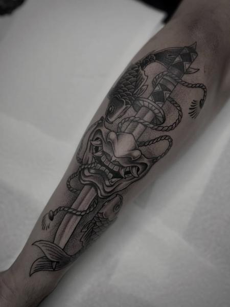 Japanese hannya katana koi tattoo by @kerieedwardstattoo