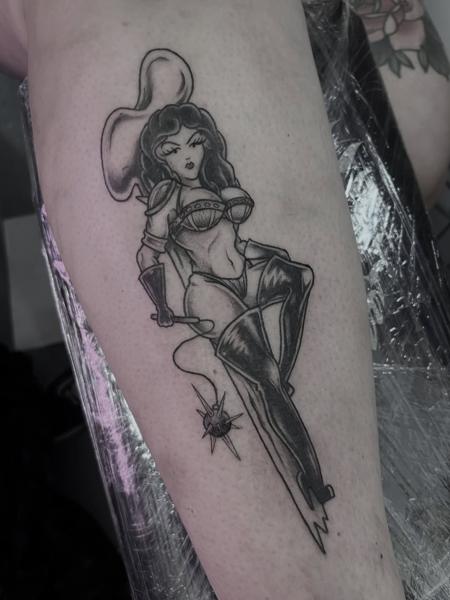 Illustrative pin-up pin-up warrior tattoo by @kerieedwardstattoo
