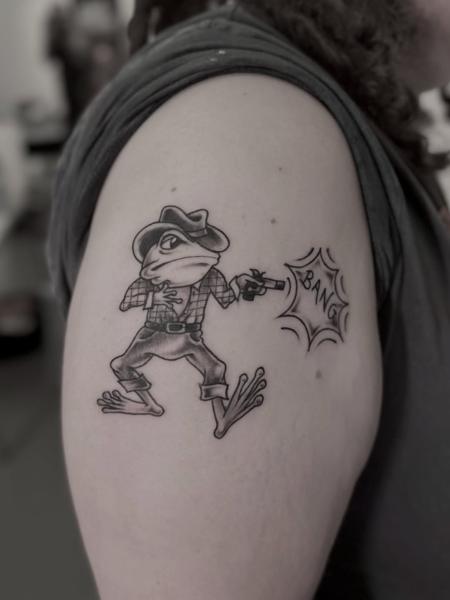 Illustrative cowboy frog tattoo by @kerieedwardstattoo