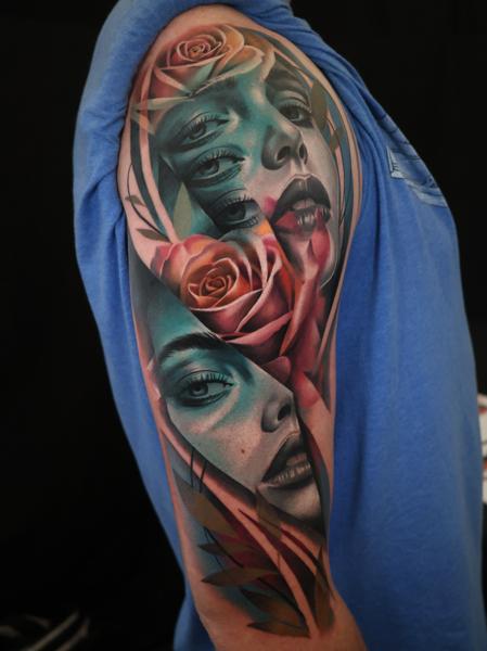 Realism surreal portrait tattoo by @kimmi.gayle