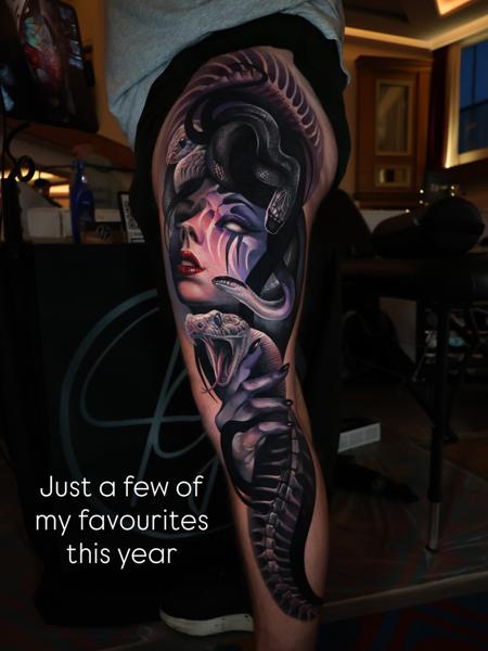 Realism snake and face tattoo by @kimmi.gayle