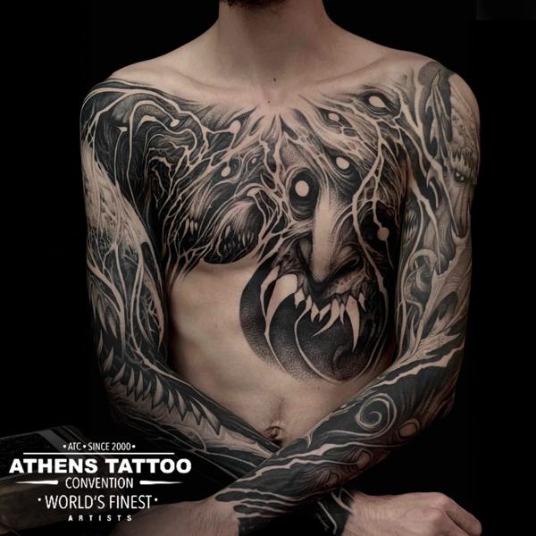 Blackwork demonic face tattoo by @kinezos_qq