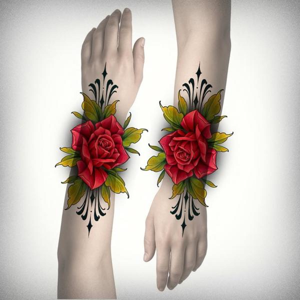 Traditional ornamental rose tattoo by @kira_ludwig_tattoos
