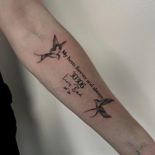 Fine line swallows and text tattoo by @kira_ludwig_tattoos