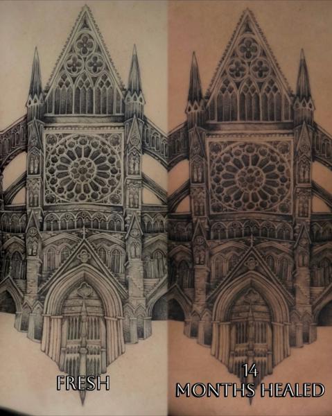 Realism gothic cathedral tattoo by @knife_dance