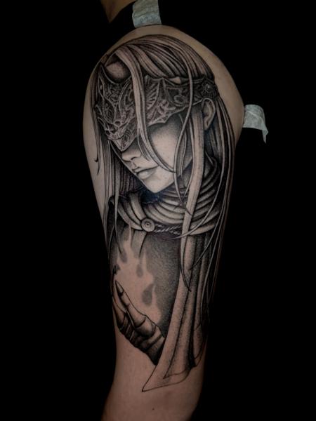 Realism masked figure tattoo by @knife_dance