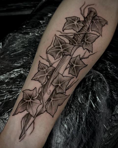Blackwork sword with ivy tattoo by @knife_dance
