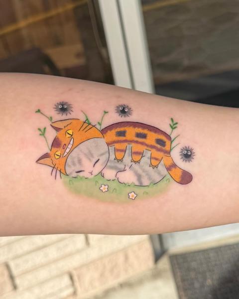 Anime sleeping cat tattoo by @koibitotattoo