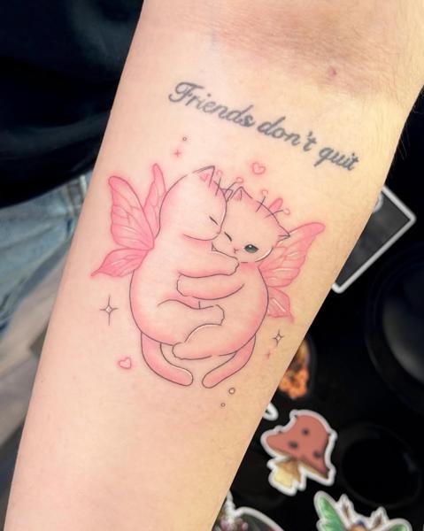 Fine line angel cats tattoo by @koibitotattoo