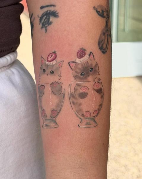 Anime dessert cats tattoo by @koibitotattoo