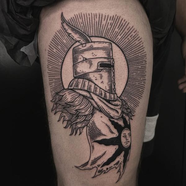 Linework knight with sun tattoo by @konna.aesthetics