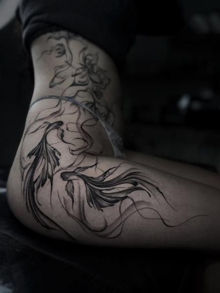 Fine line koi fish tattoo by @zzirini