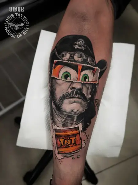 Realism cartoonish portrait tattoo by @sinke_
