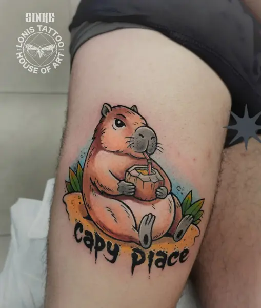 Illustrative capybara drink tattoo by @sinke_