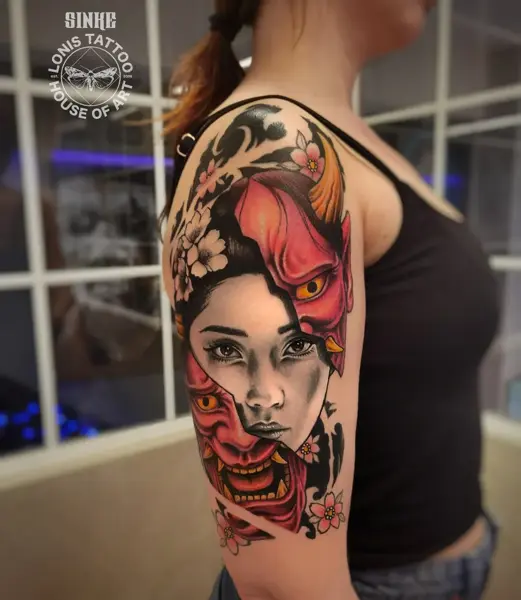 Japanese hannya mask woman tattoo by @sinke_