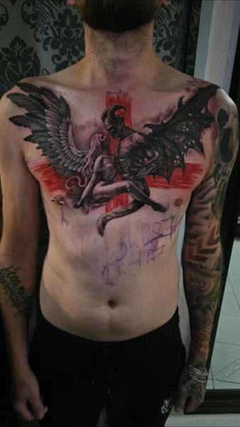 Realism angel demon tattoo by @korneltattoo