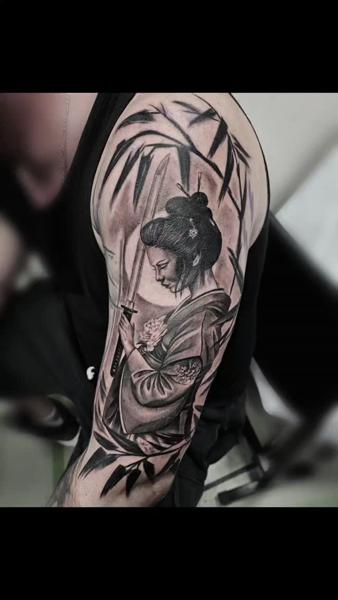 Realism samurai woman tattoo by @korneltattoo