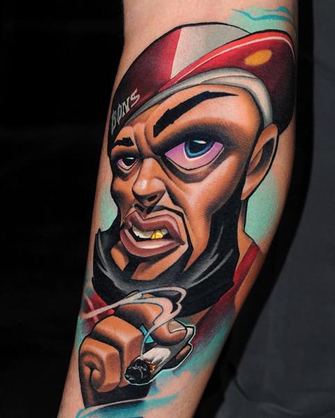 New school cartoon character tattoo by @klark_tattoo