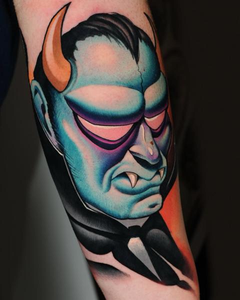 Neo-traditional devil head tattoo by @klark_tattoo