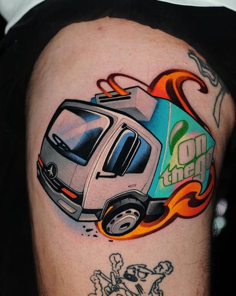 New school flaming truck tattoo by @klark_tattoo