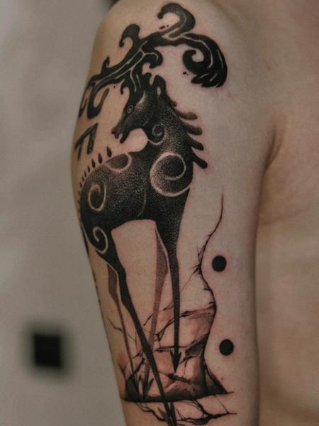 Blackwork abstract deer tattoo by @koval.ink