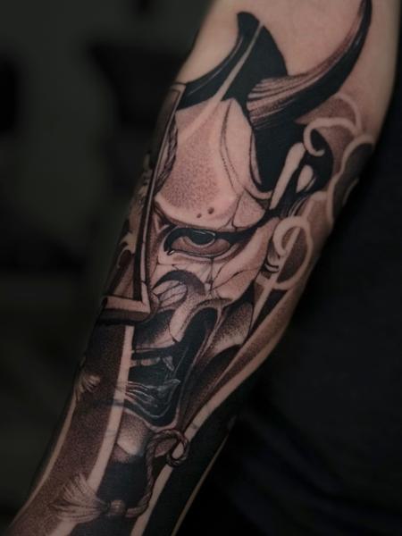 Japanese samurai mask tattoo by @koval.ink