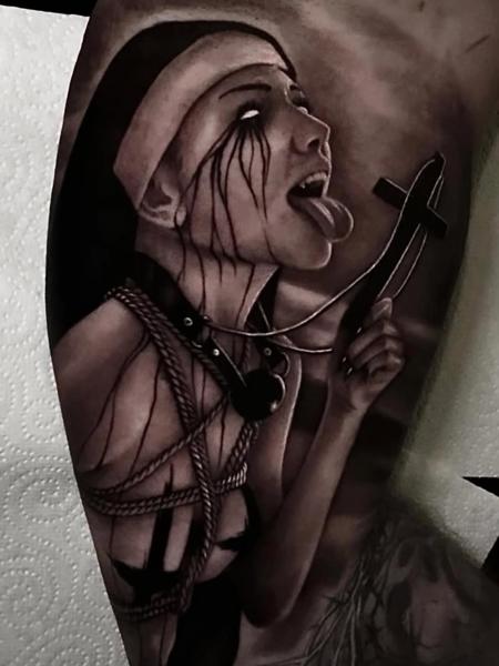 Realism demonic nun tattoo by @kriswilson_ink