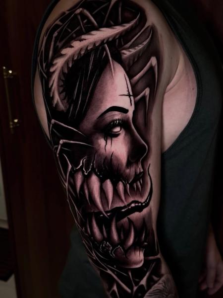 Dark realism demonic woman portrait tattoo by @kriswilson_ink